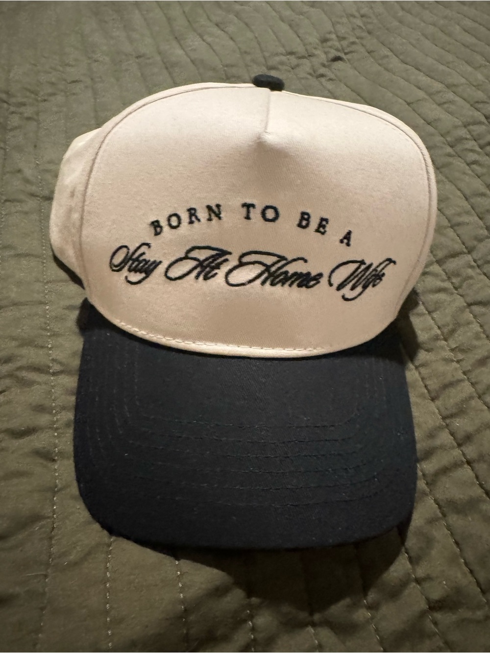 Cream & Black Baseball Cap with 'Born To Be A Stay At Home Wife' Embroidery